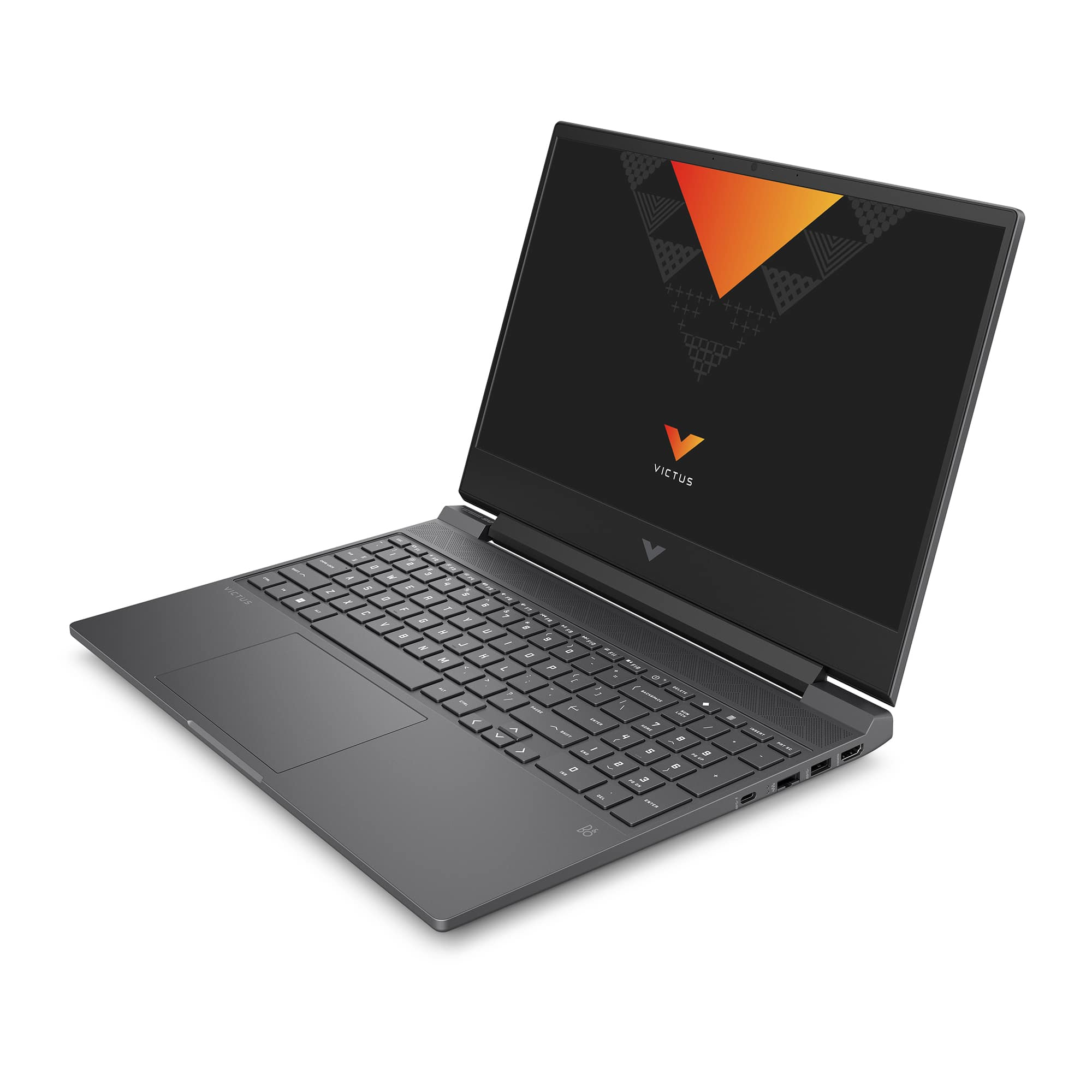 Una computadora portátil Victus negra se muestra abierta, mostrando una pantalla con un triángulo naranja y el logotipo de Victus.