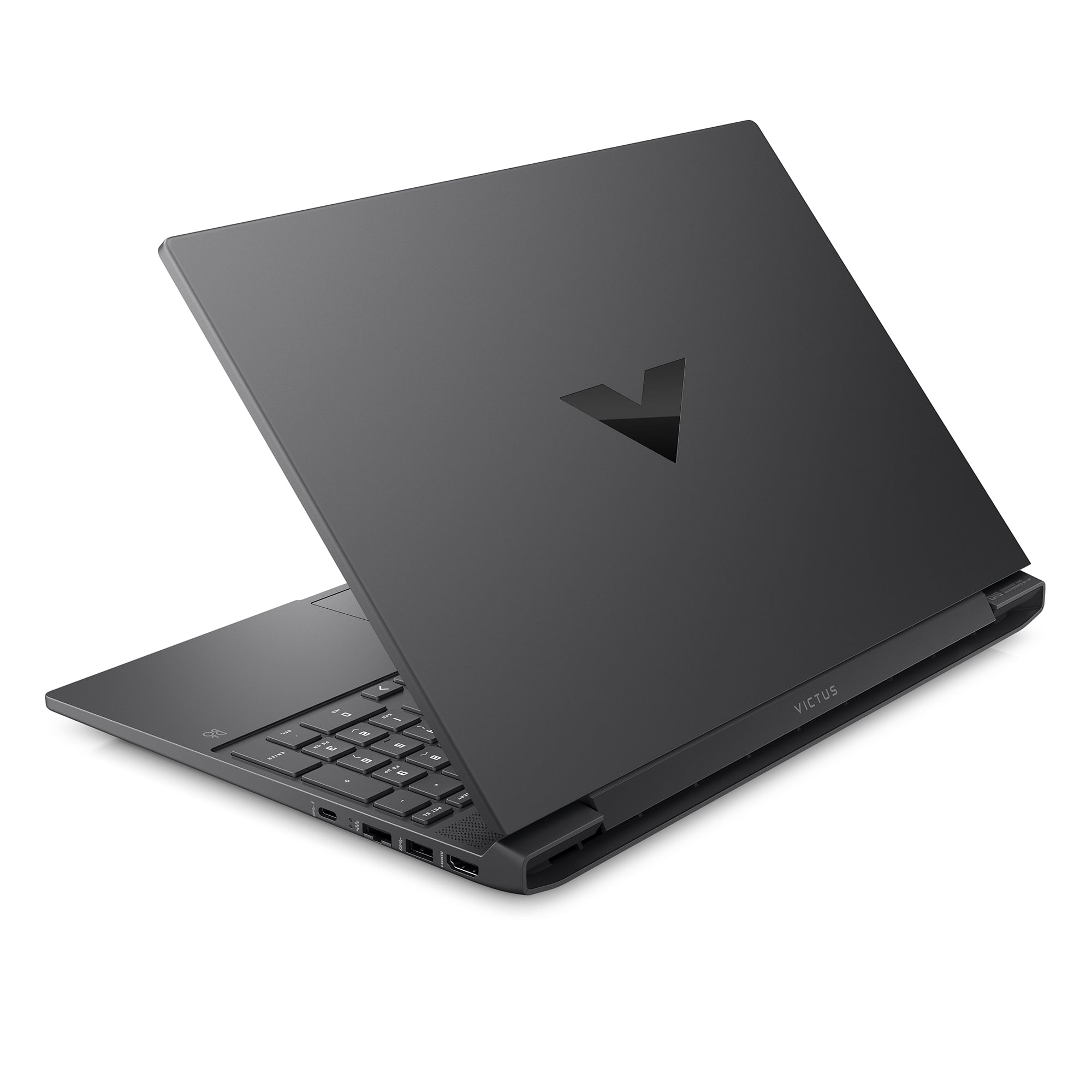 Portátil negro, abierto, mostrando teclado y pantalla, con logo Victus.