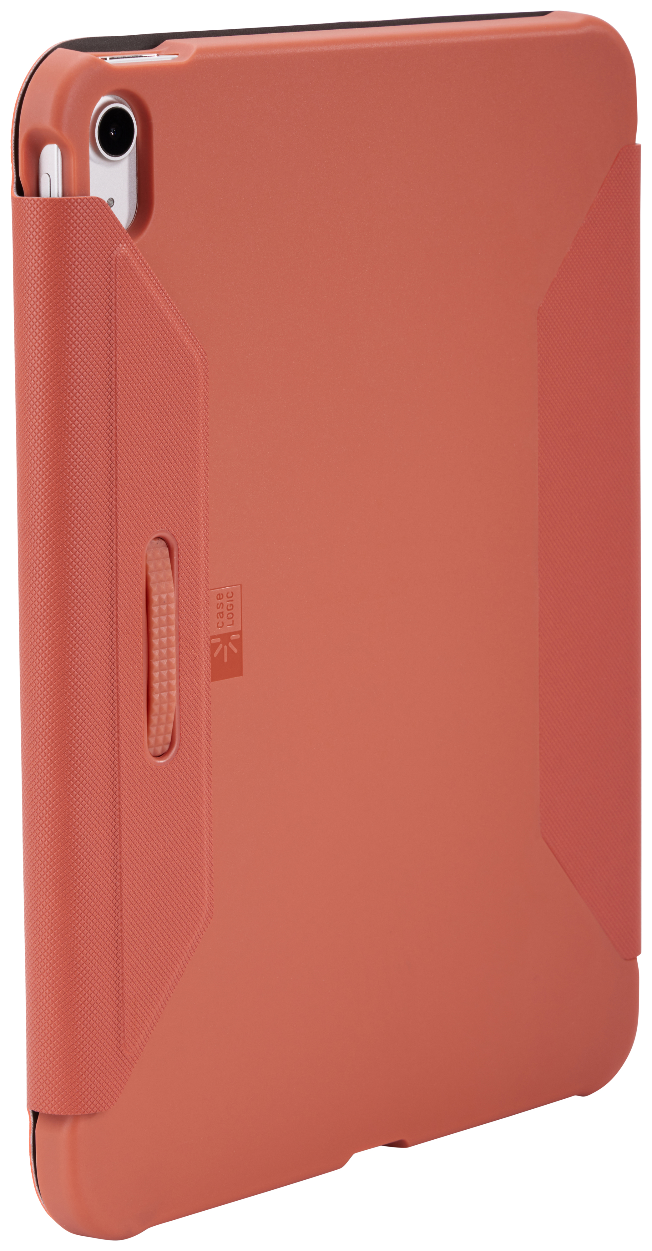 Mercan renkli iPad kılıfı, dokulu yan ve güvenli, dokulu kayış.