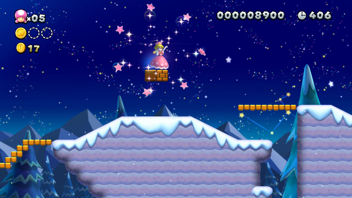 Een videogame-scène met een prinses op een platform, zwevende sterren en een besneeuwd landschap.