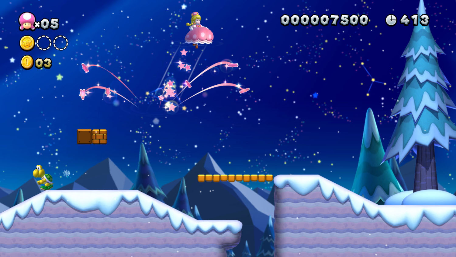 Een Super Mario Bros.-level met Mario, Prinses Peach en een Koopa Troopa in een sneeuwlandschap.