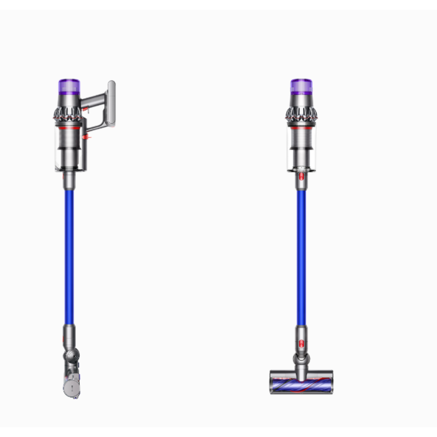 Twee Dyson draadloze stofzuigers, één in profiel en één van voren. Ze zijn blauw en zilver met paarse accenten.