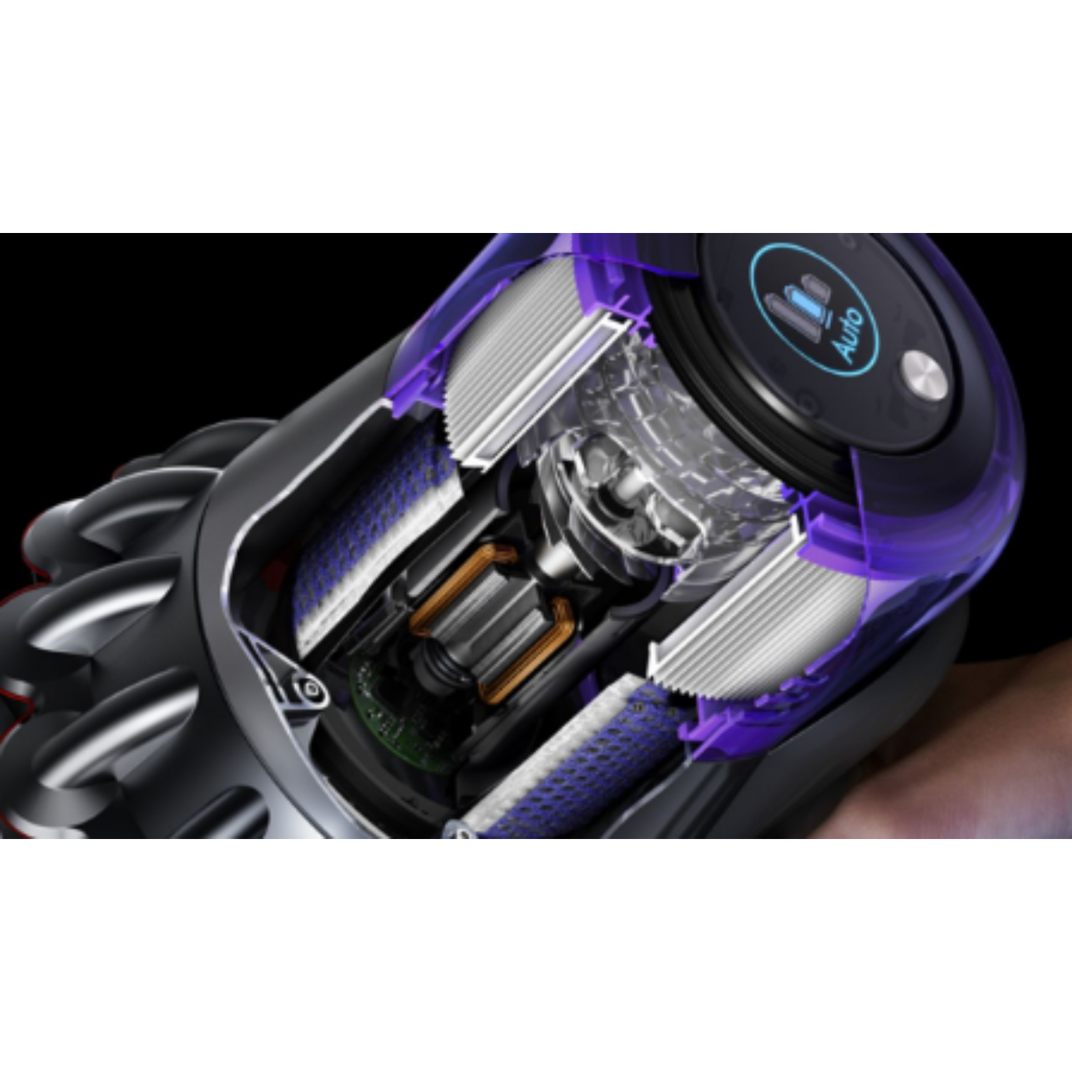 Doorsnede van een Dyson stofzuiger met interne componenten in paarse en grijze tinten.