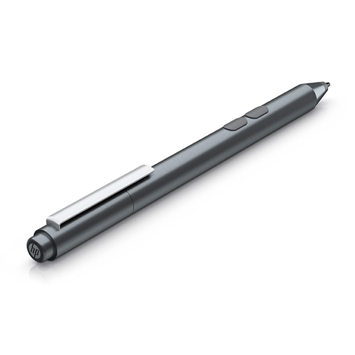 Penna stilo HP grigia con due pulsanti e clip, su sfondo bianco.