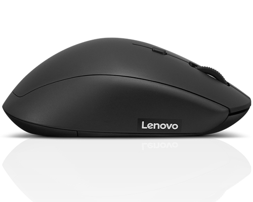 Ratón inalámbrico Lenovo negro sobre fondo blanco, con el logotipo de Lenovo en el lateral.