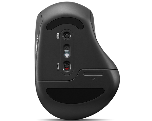 La parte inferior de un mouse ergonómico Lenovo negro con botones y un interruptor de encendido/apagado.