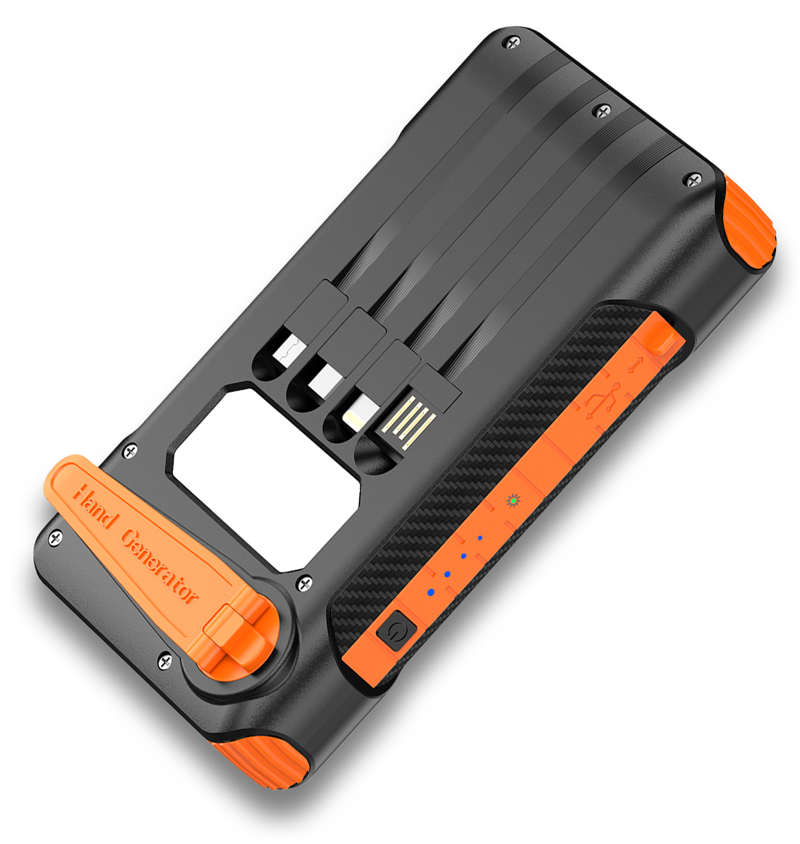 Fekete-narancs power bank kábelekkel és kézi generátorral.