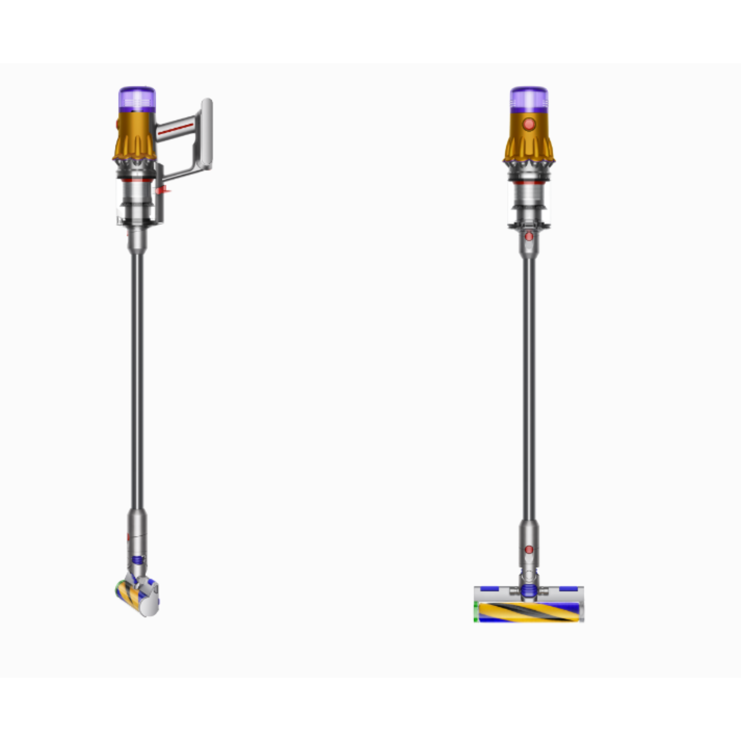 Two Dyson vacuum cleaners, one with a long wand and a brush, the other without, both on white.
