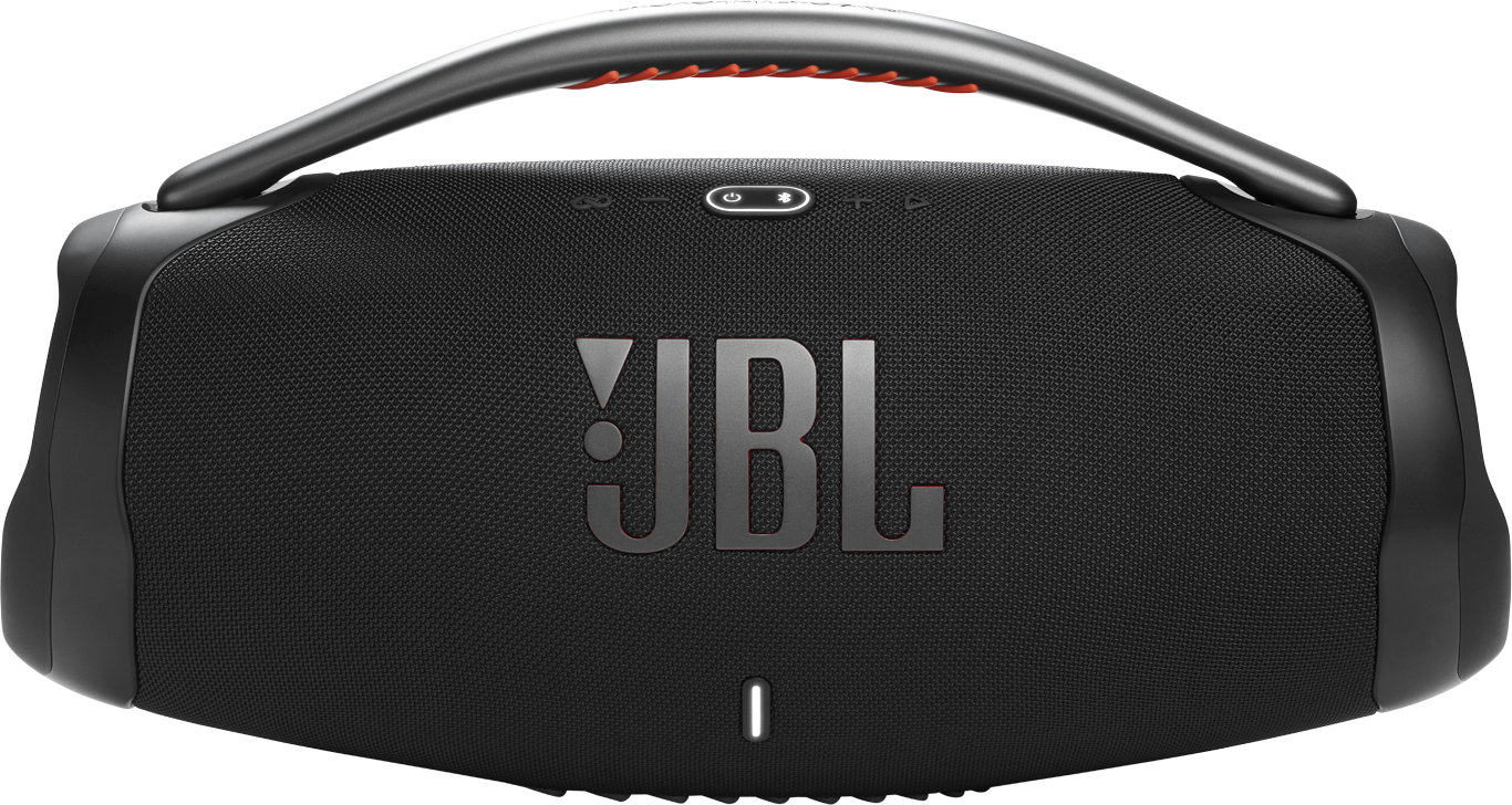 Fekete JBL hangszóró fogantyúval. A JBL logó látható. A hangszóró fehér háttéren van.