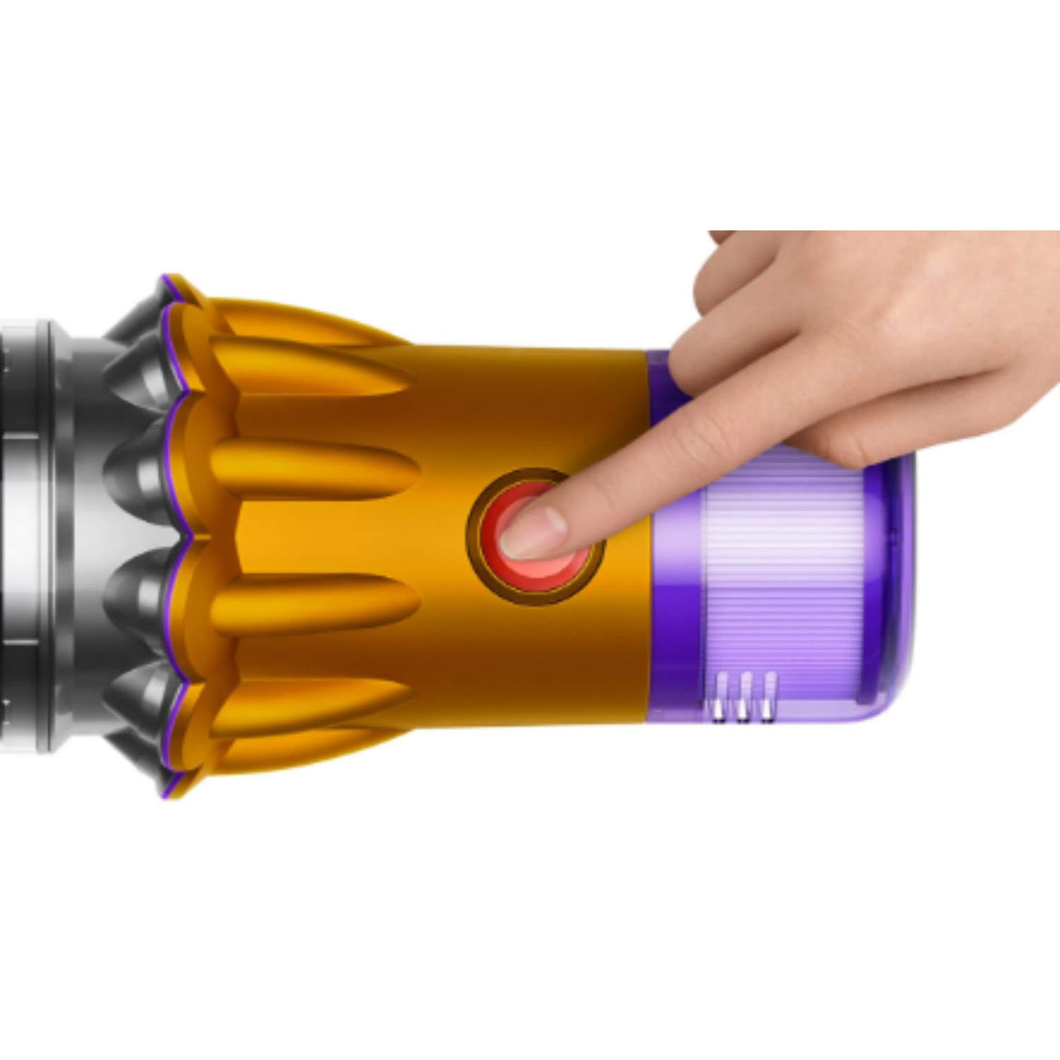 Hand pressing power button on a gold and purple vacuum cleaner.