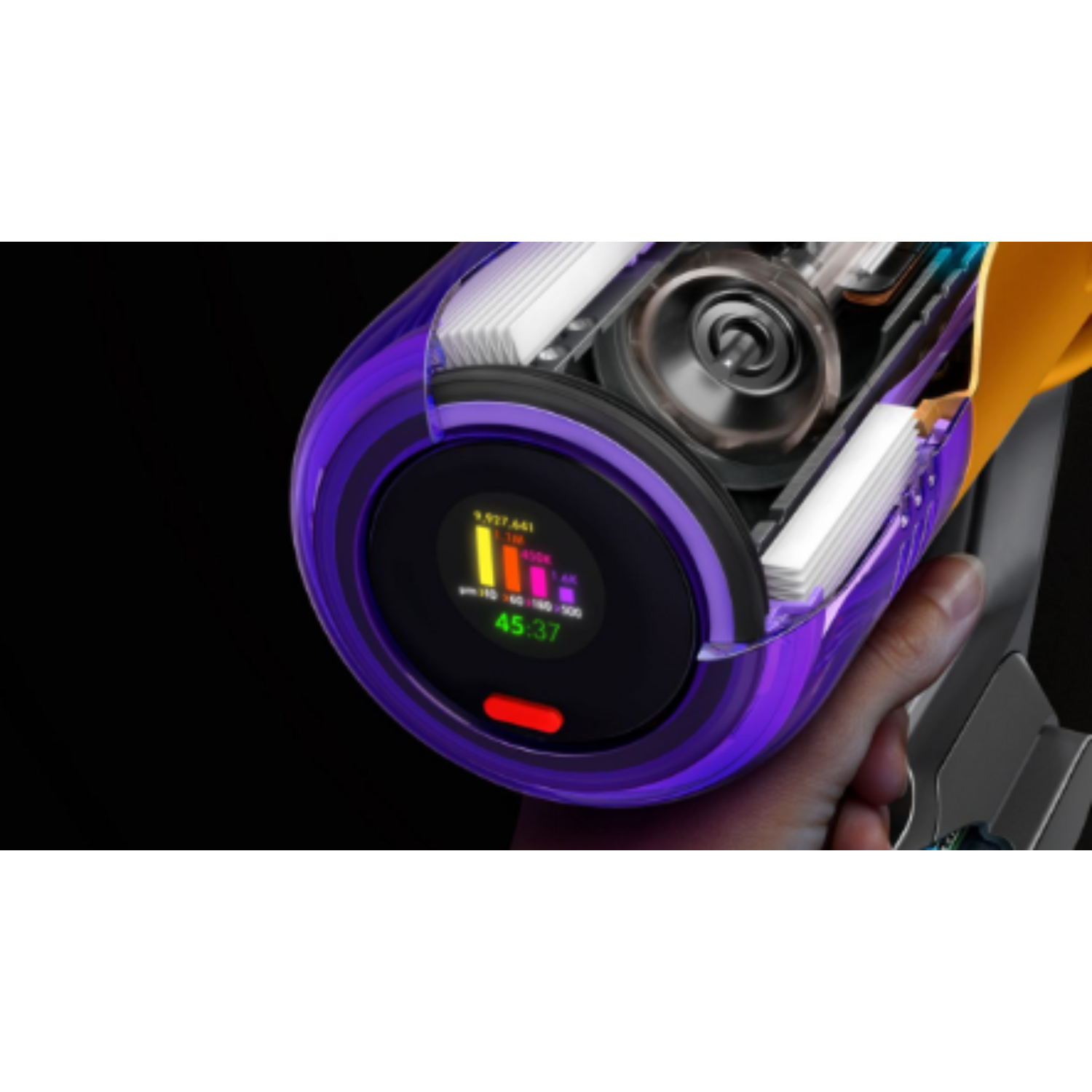 A cutaway view of a vacuum cleaner showing internal components and display.
