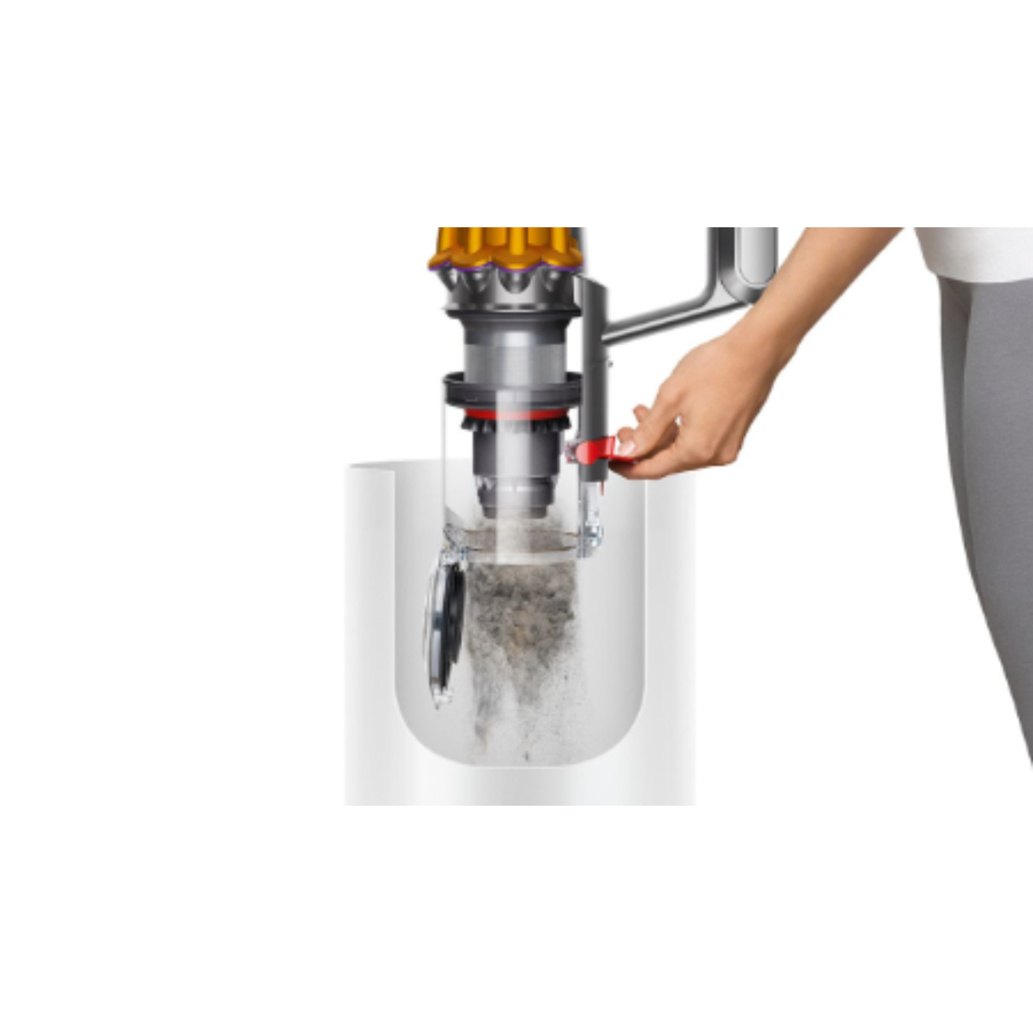 A person empties the dust container of a vacuum cleaner. The container is clear.