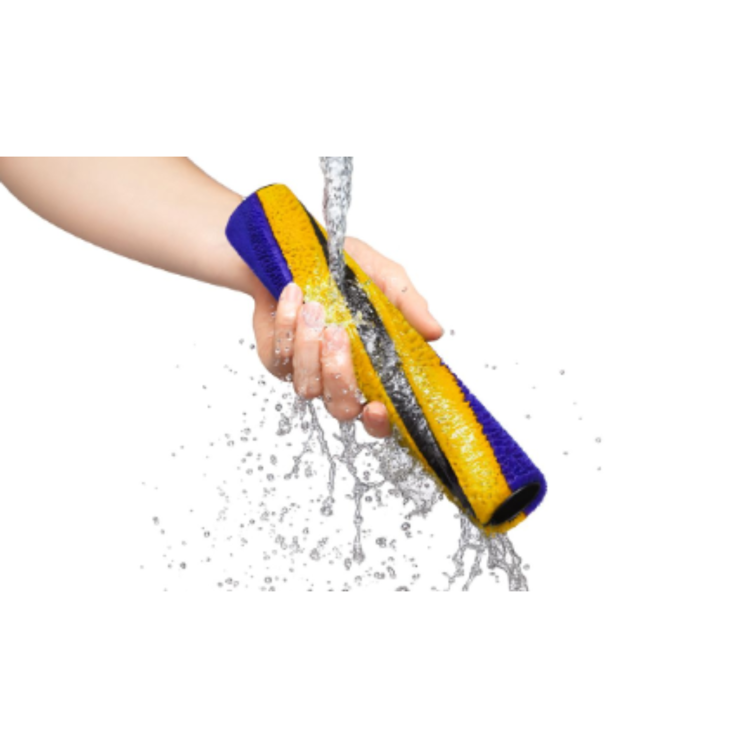 A hand is holding a vacuum cleaner roller under running water, cleaning it. White background.