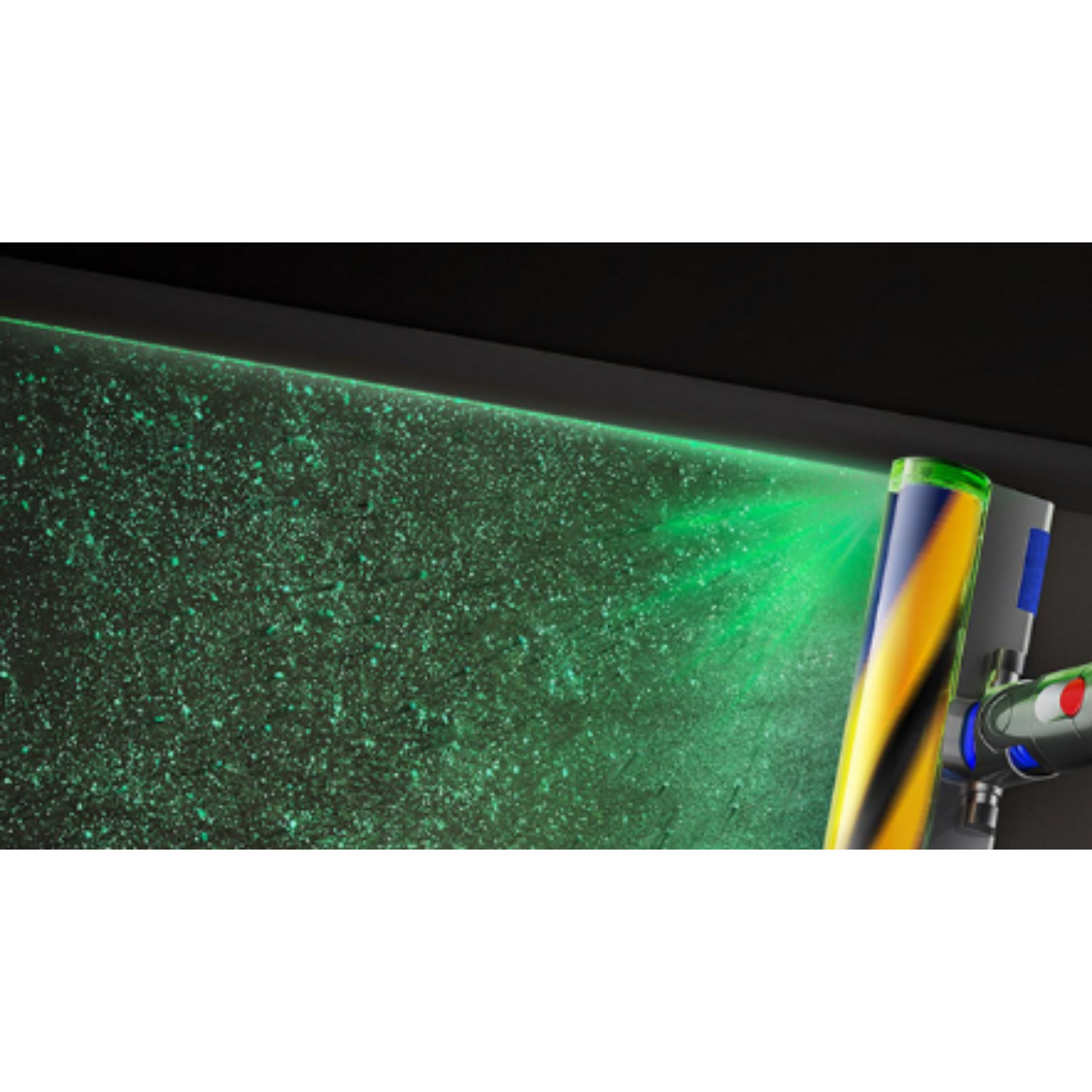 Green laser light emission, Dyson vacuum cleaner on the right side. Black background.