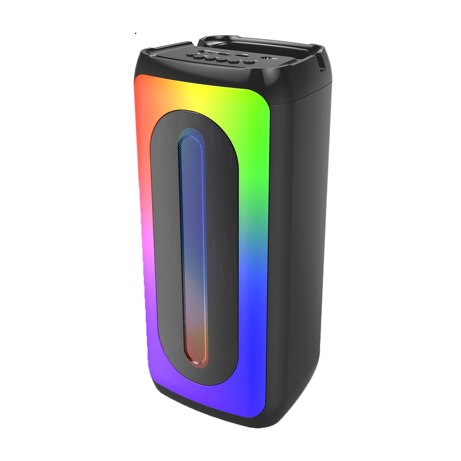 Altoparlante nero con display luminoso colorato. Ha un lungo pannello luminoso ovale e una maniglia.
