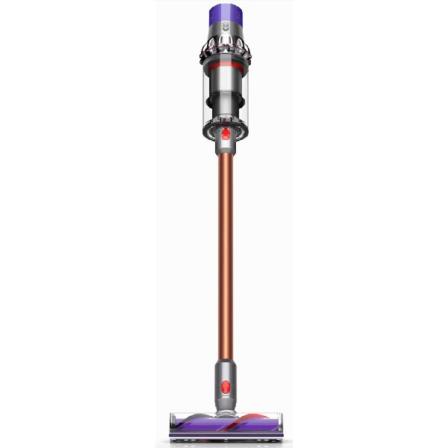 Dyson cordless vacuum cleaner with copper and purple accents.