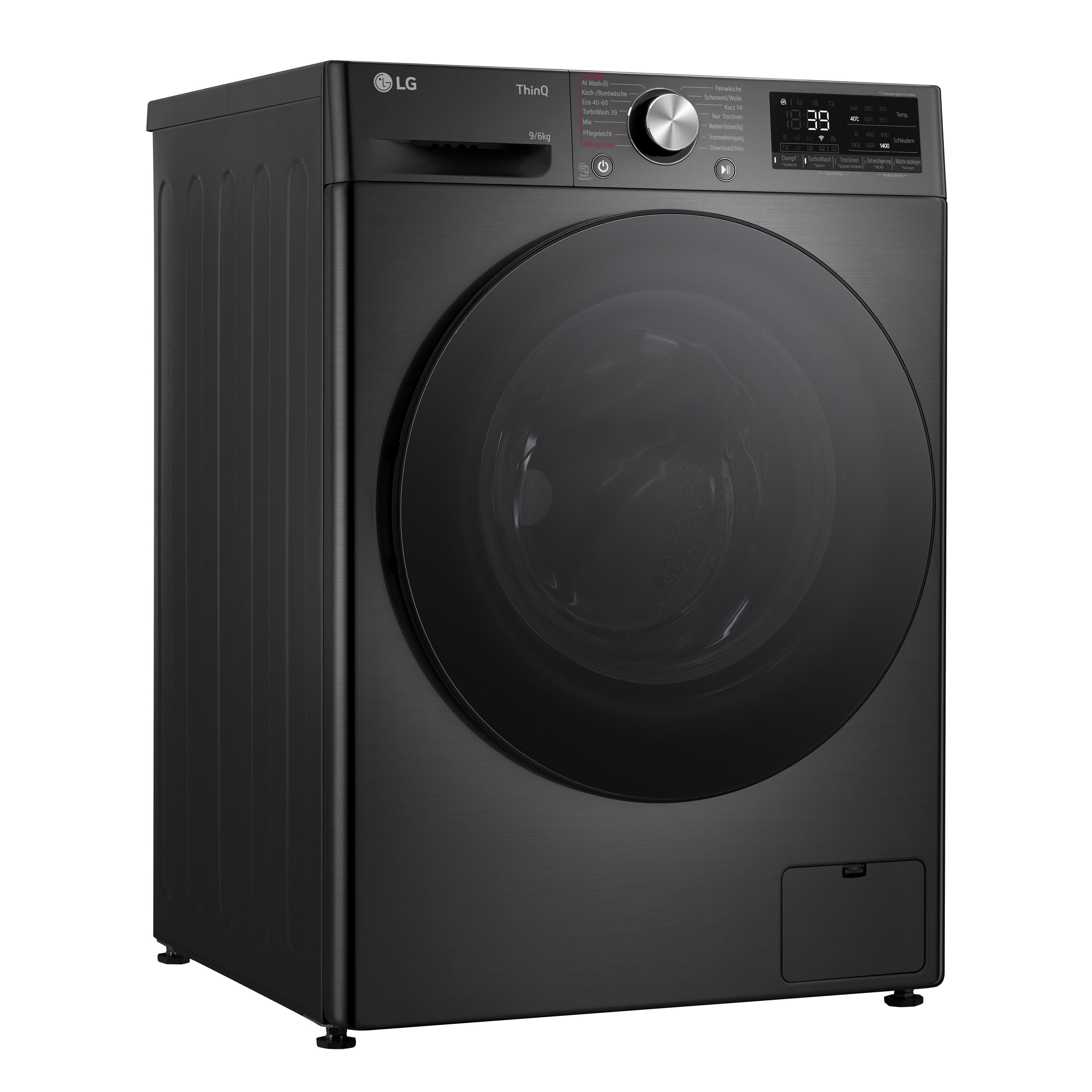 Schwarze LG Waschmaschine mit großer Fronttür. Das Bedienfeld befindet sich oben rechts.