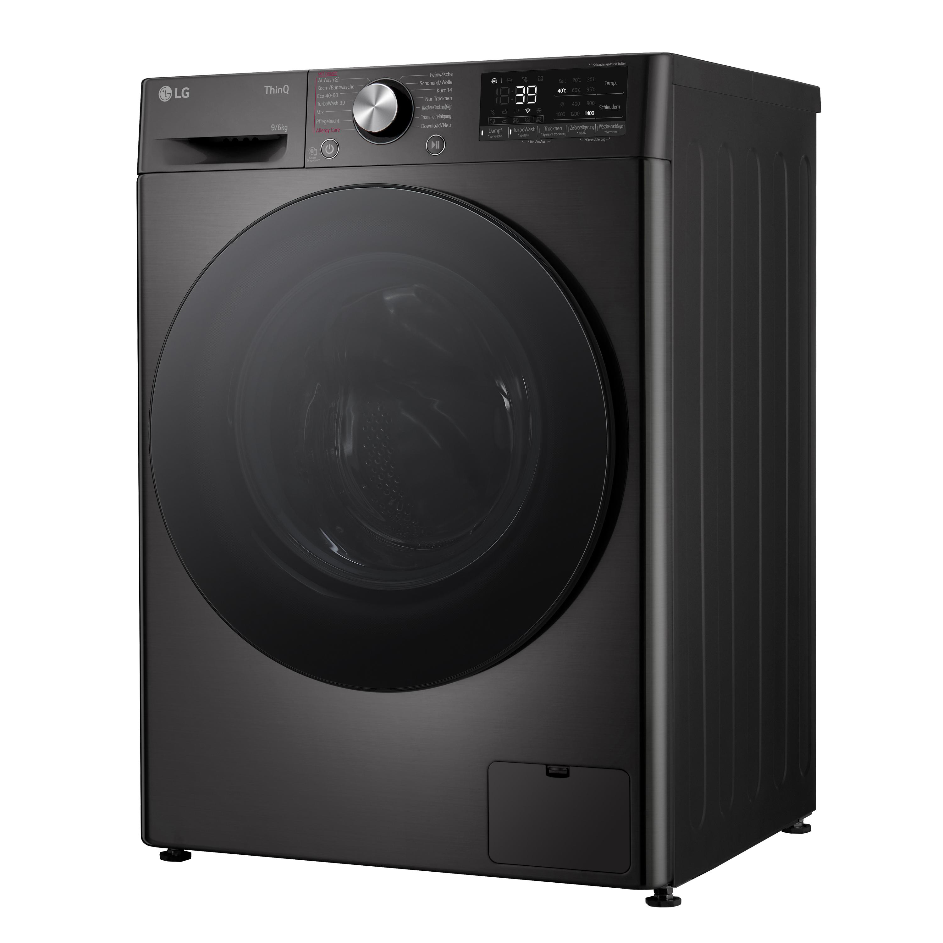 Schwarze LG Waschmaschine mit großer runder Tür. Sie hat ein digitales Display und mehrere Knöpfe.