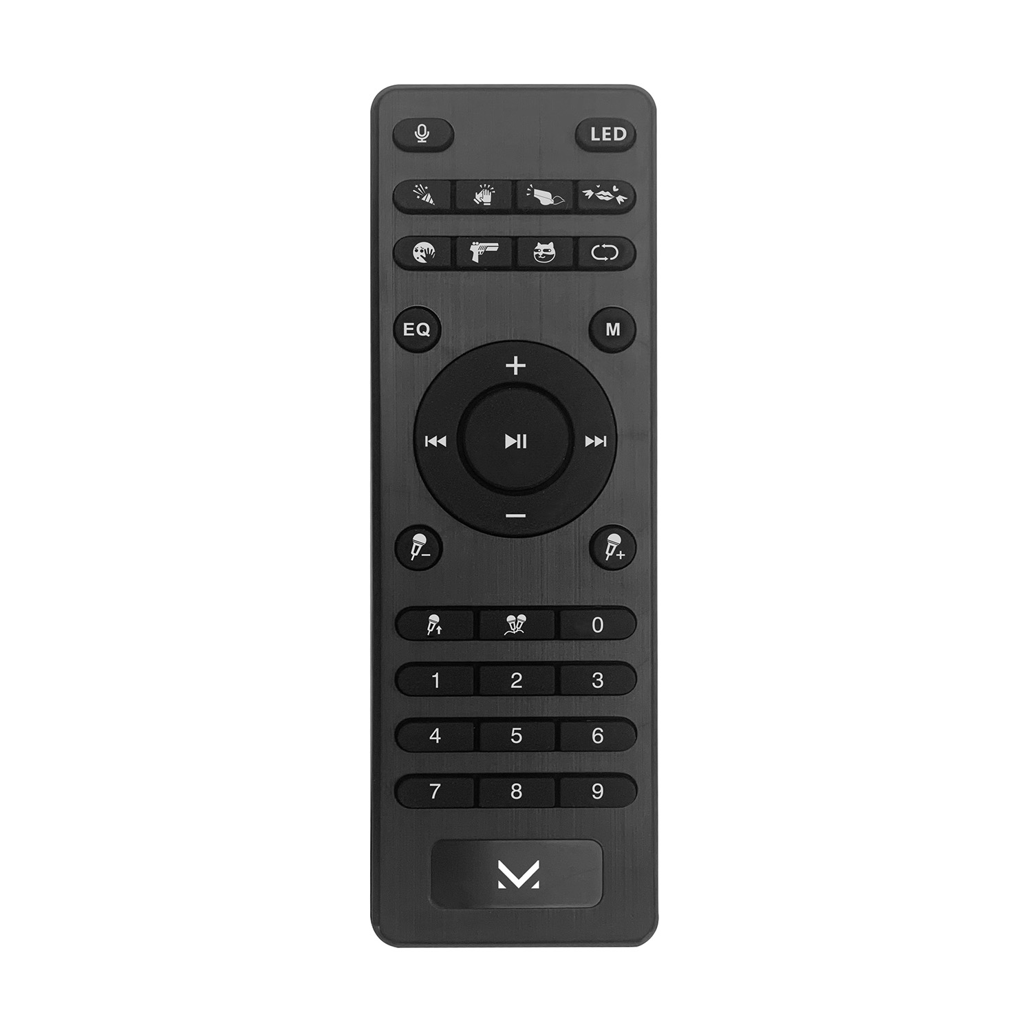Telecomando nero con pulsanti e LED.