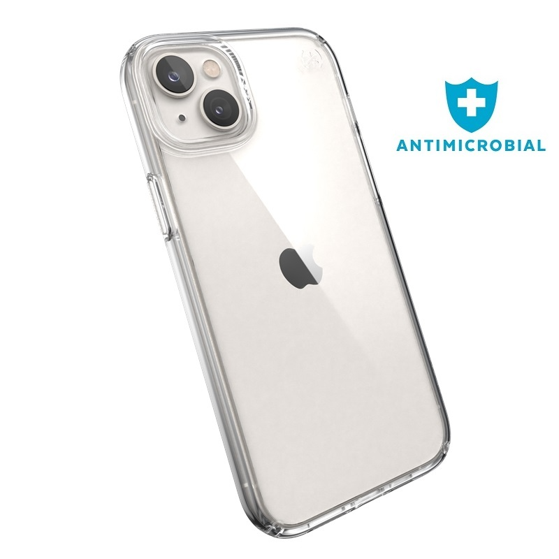 Átlátszó telefontok fehér háttéren, benne egy iPhone-nal. Antimikrobiális logó jobbra.
