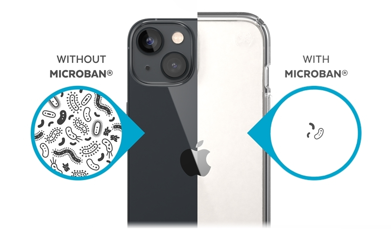 iPhone Microban védelemmel és anélkül, bal oldalon baktériumokat mutatva.