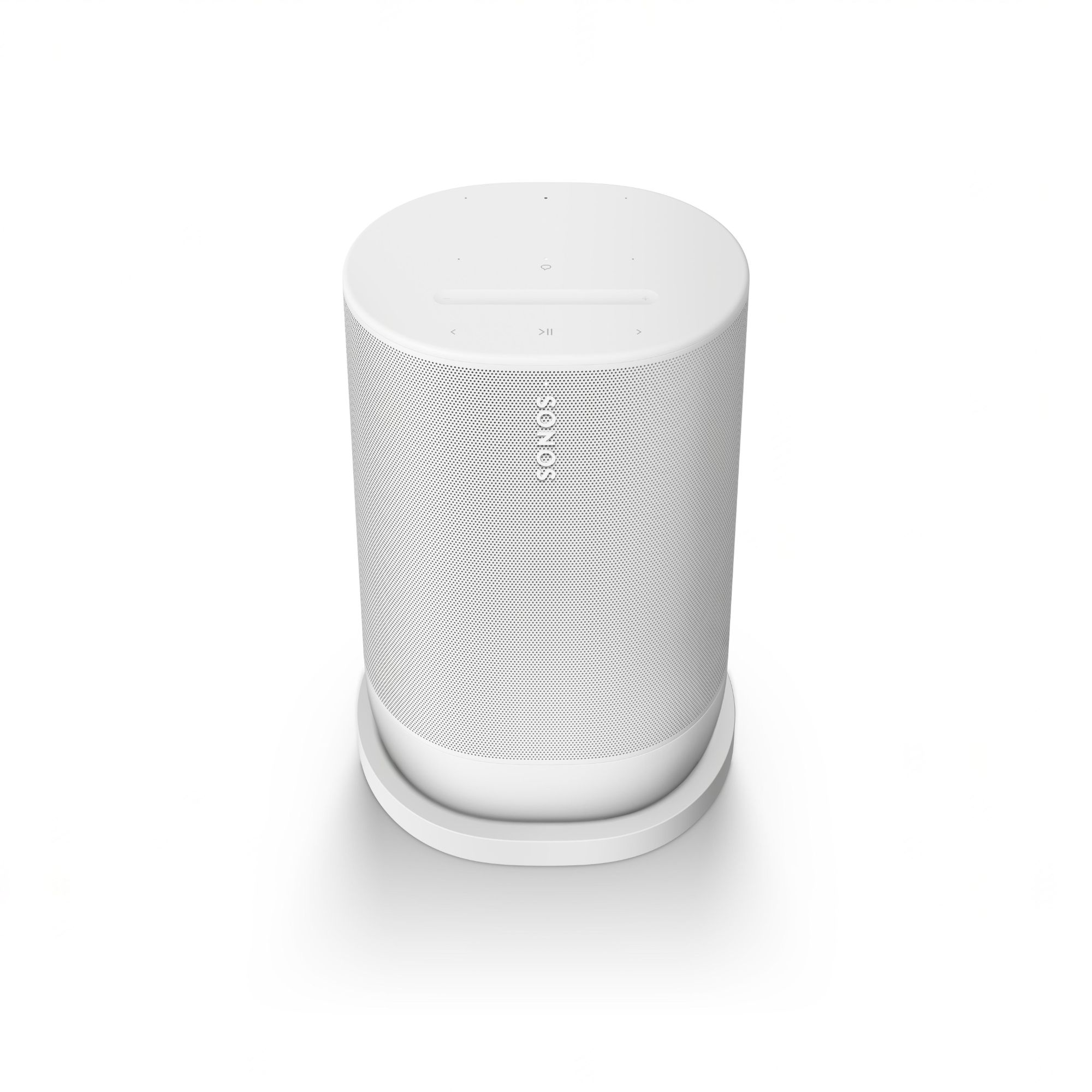 Un altavoz cilíndrico blanco sobre una base blanca, con el logotipo de SONOS.