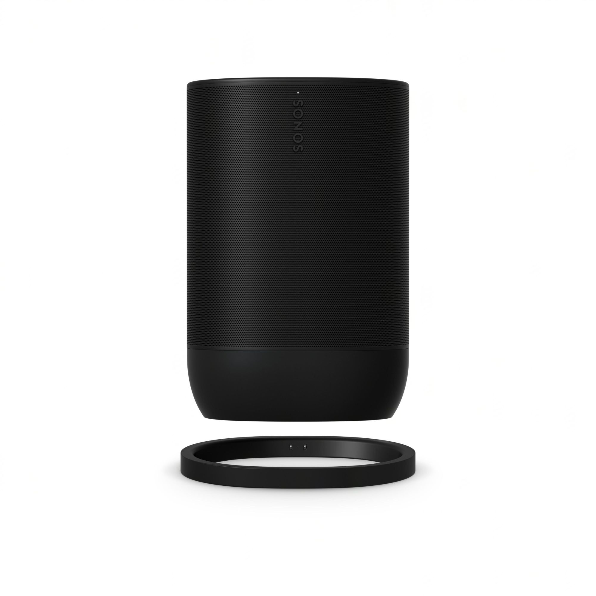 Un altavoz cilíndrico negro con la palabra SONOS, colocado sobre una base circular negra.