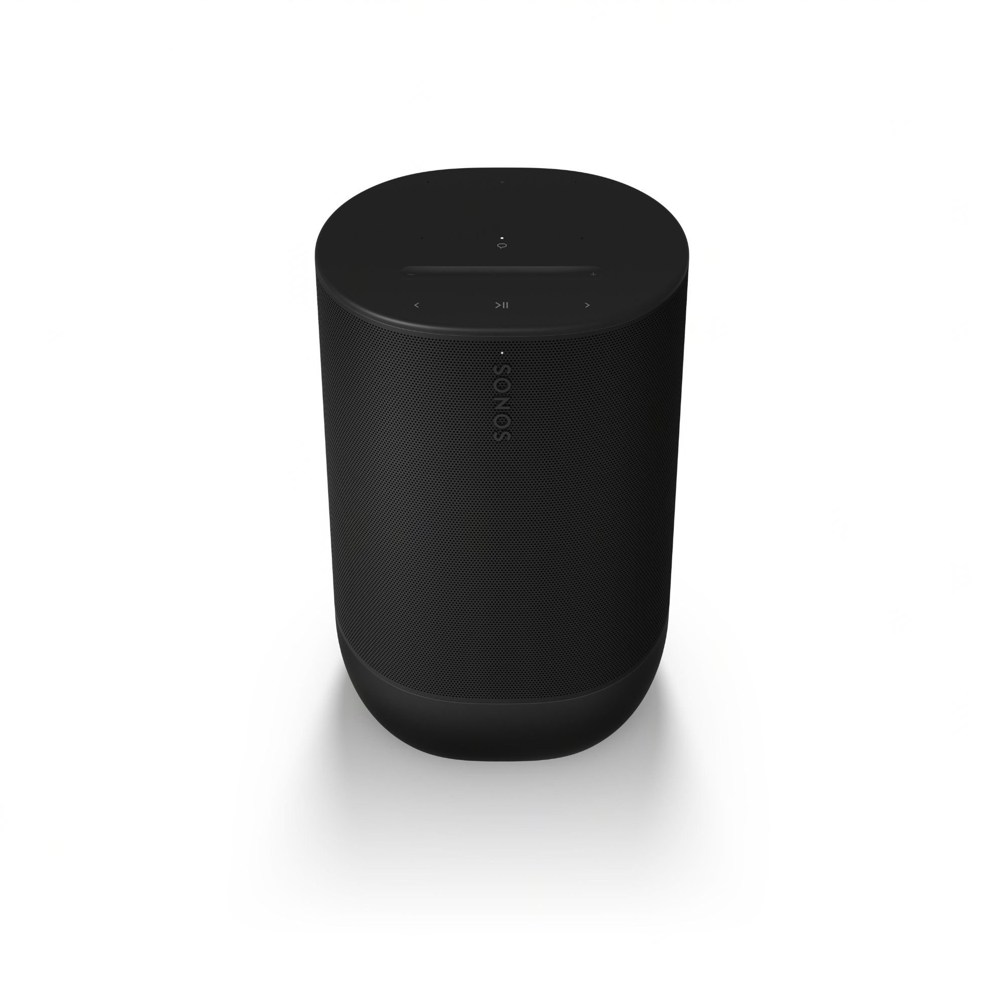 Un altavoz Sonos negro sobre fondo blanco, con un diseño sencillo.