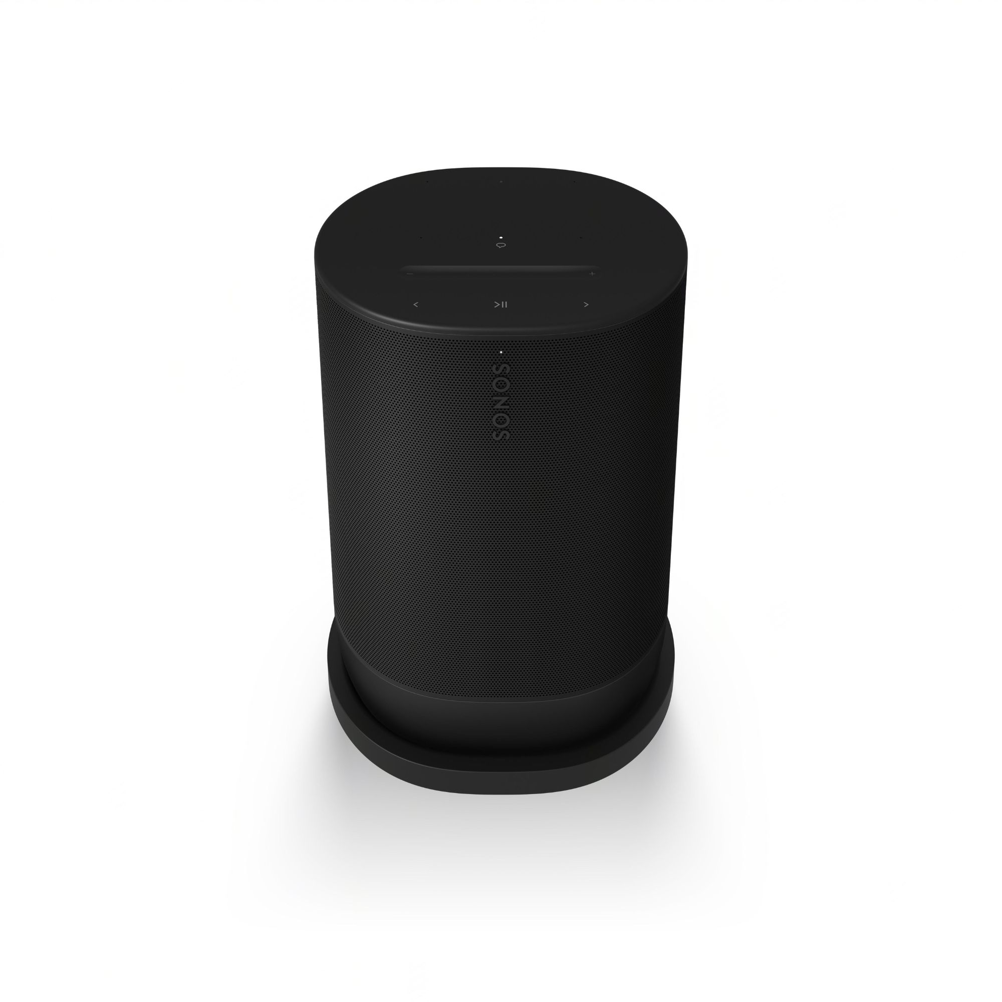 Altavoz Sonos negro sobre fondo blanco. Forma cilíndrica.
