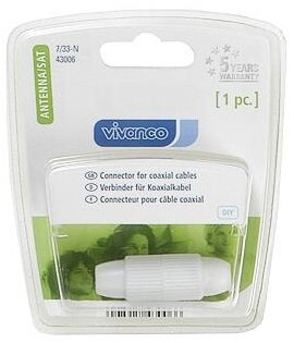 Białe złącze kabla koncentrycznego w przezroczystym plastikowym opakowaniu.