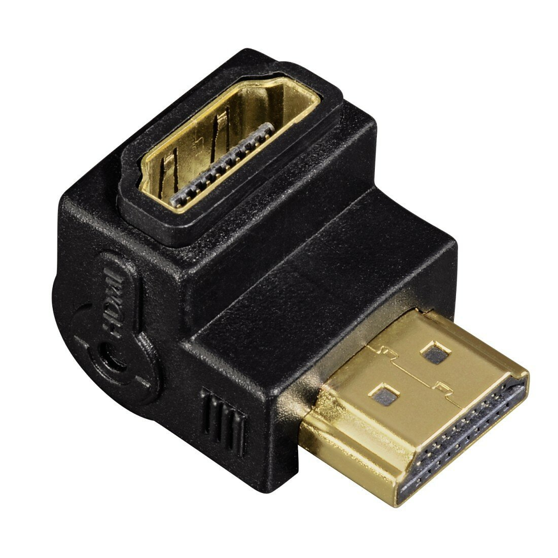 Czarny adapter HDMI ze złotymi złączami. Białe tło.