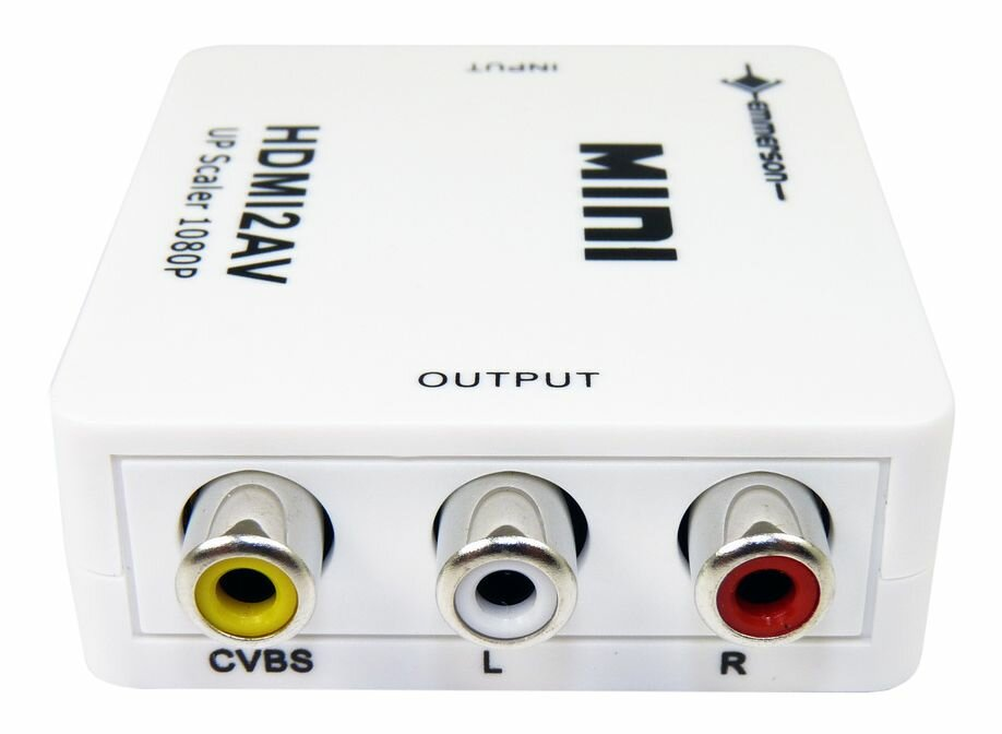 Biały konwerter HDMI na AV z trzema portami wyjściowymi: żółtym, białym i czerwonym oraz mini etykietą.
