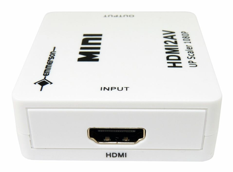 Biały mini upscaler HDMI na AV. U góry: Mini. Wejście/Wyjście. Widoczny port HDMI.