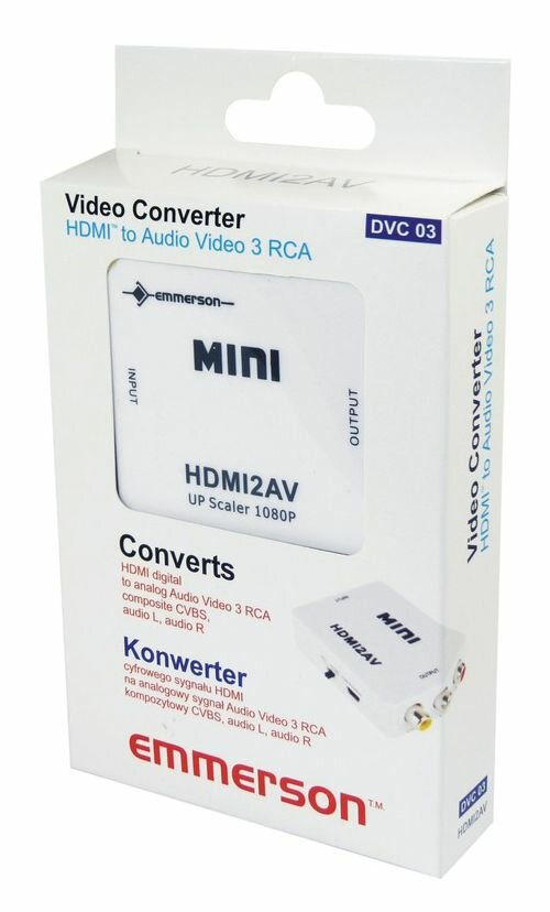 Białe pudełko z konwerterem wideo. Tekst: HDMI do Audio Video 3 RCA. Widoczny jest mini konwerter.