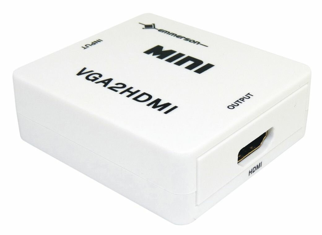 Białe pudełko konwertera 'VGA2HDMI' z portami wejściowymi, wyjściowymi i HDMI.