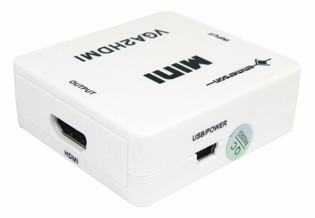 Białe pudełko konwertera HDMI na VGA z opisanymi portami i naklejką.