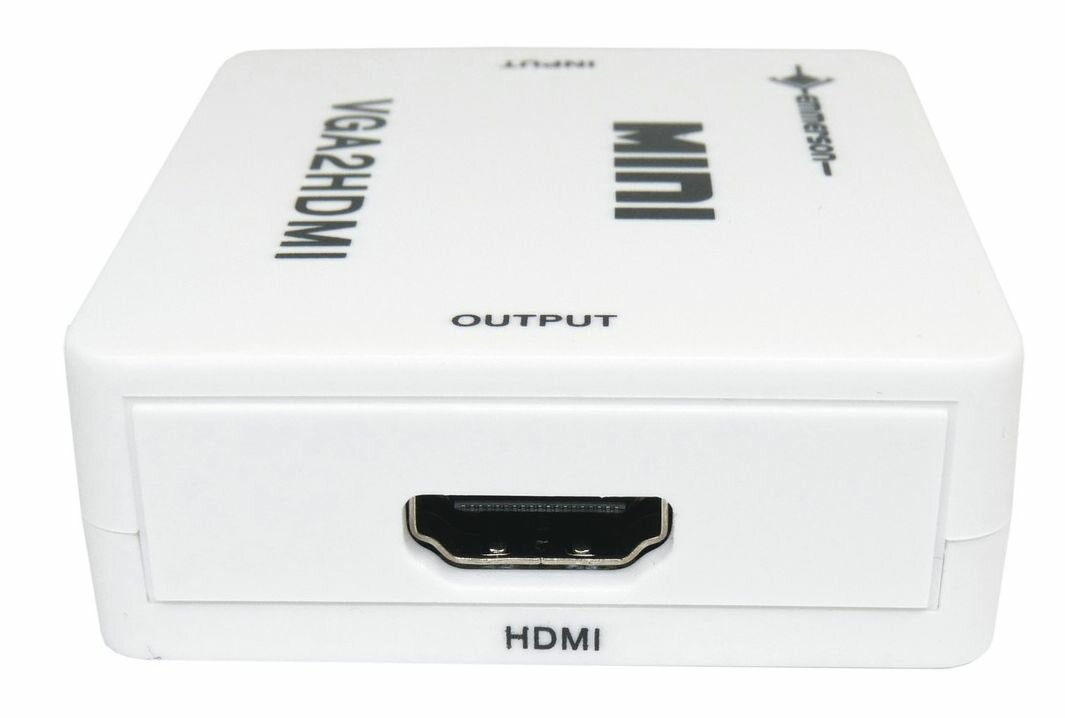 Biały adapter VGA2HDMI z portem HDMI. Tekst "VGA2HDMI" znajduje się na górze.
