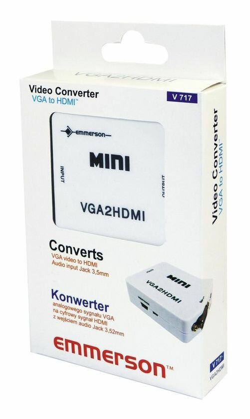 Białe pudełko konwertera wideo z VGA na HDMI i logo Emmerson.