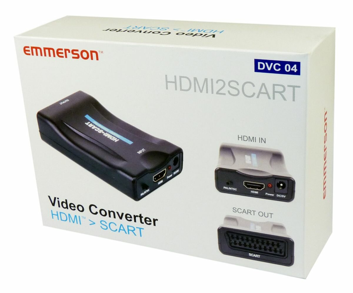 Białe pudełko z konwerterem wideo HDMI na SCART. Zawiera obrazy konwertera i portów.