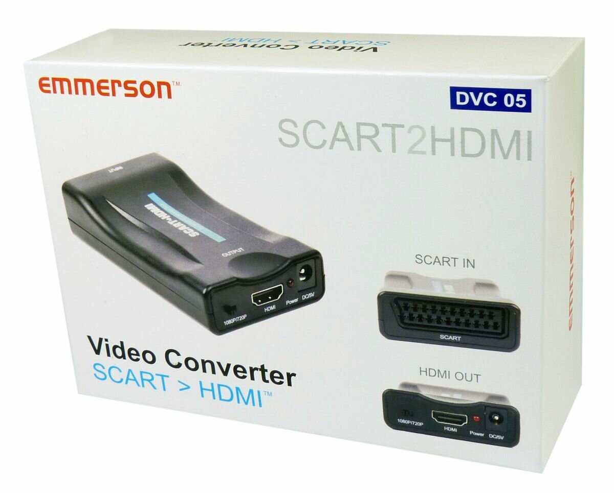 Konwerter wideo, SCART na HDMI, z portami wejściowymi i wyjściowymi.