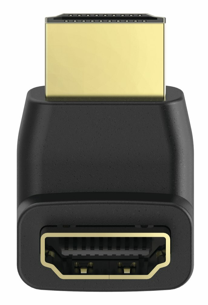 Czarny adapter HDMI ze złotymi złączami. Jeden koniec to HDMI męski.