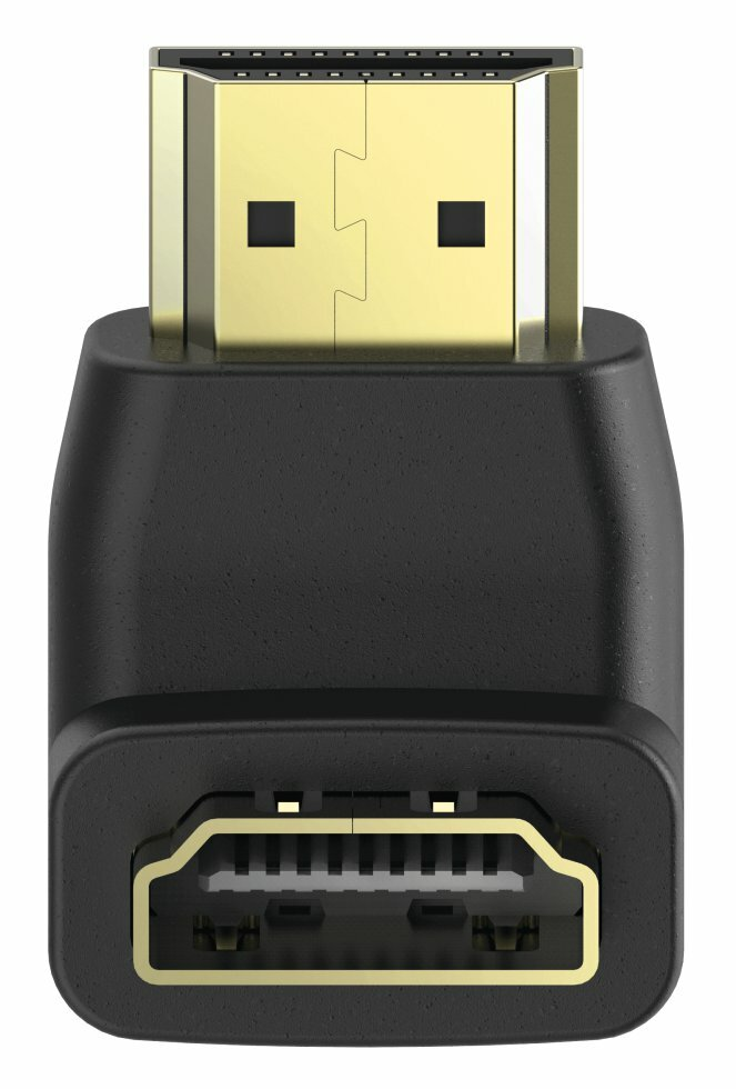 Adapter HDMI, czarny, ze złotymi złączami. Gniazdo HDMI na jednym końcu.