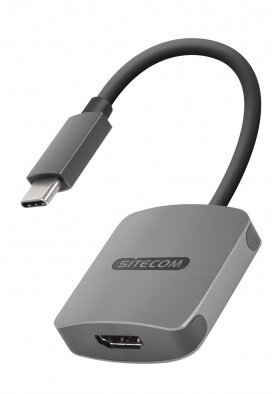 Szary adapter z złączem USB-C, portem HDMI i czarnym kablem.