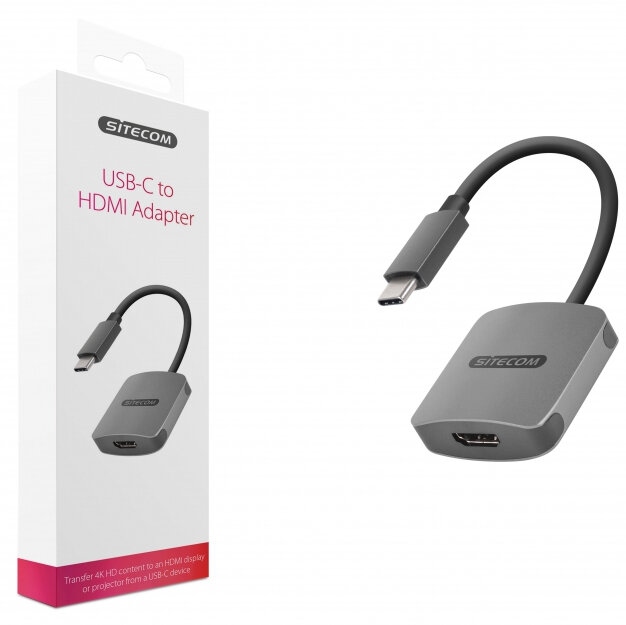 Białe pudełko z adapterem USB-C do HDMI. Adapter jest szary z czarnym kablem. Lewa strona pudełka i adaptera.