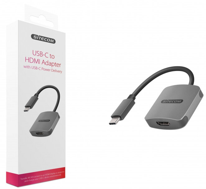 Białe pudełko z adapterem Sitecom USB-C do HDMI i kablem. Adapter jest szary.