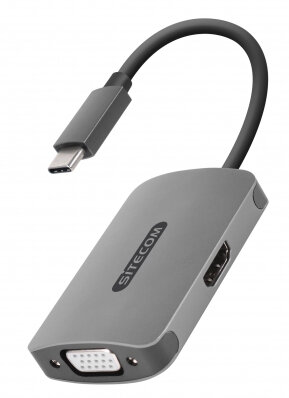 Szara przejściówka USB-C Sitecom z portami HDMI i VGA. Czarny kabel.
