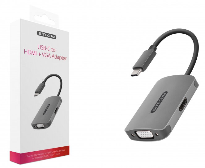 Adapter USB-C do HDMI i VGA z białym opakowaniem. Adapter jest szary z czarnym kablem.