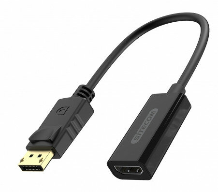 Kabel adapter DisplayPort do HDMI. Czarny kabel, złącze DisplayPort i złącze HDMI z etykietą.