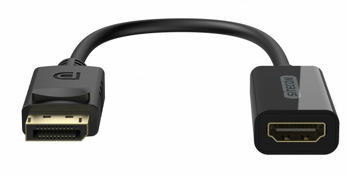 Czarny kabel adaptera DisplayPort do HDMI. Końcówka DisplayPort po lewej i HDMI po prawej. Białe tło.