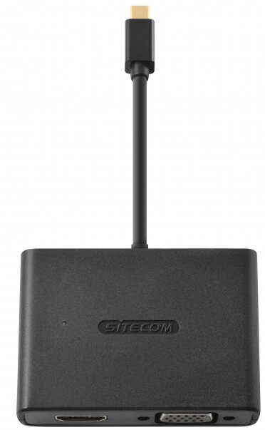 Czarny adapter USB-C do HDMI i VGA. Widoczne złącza. Białe tło.